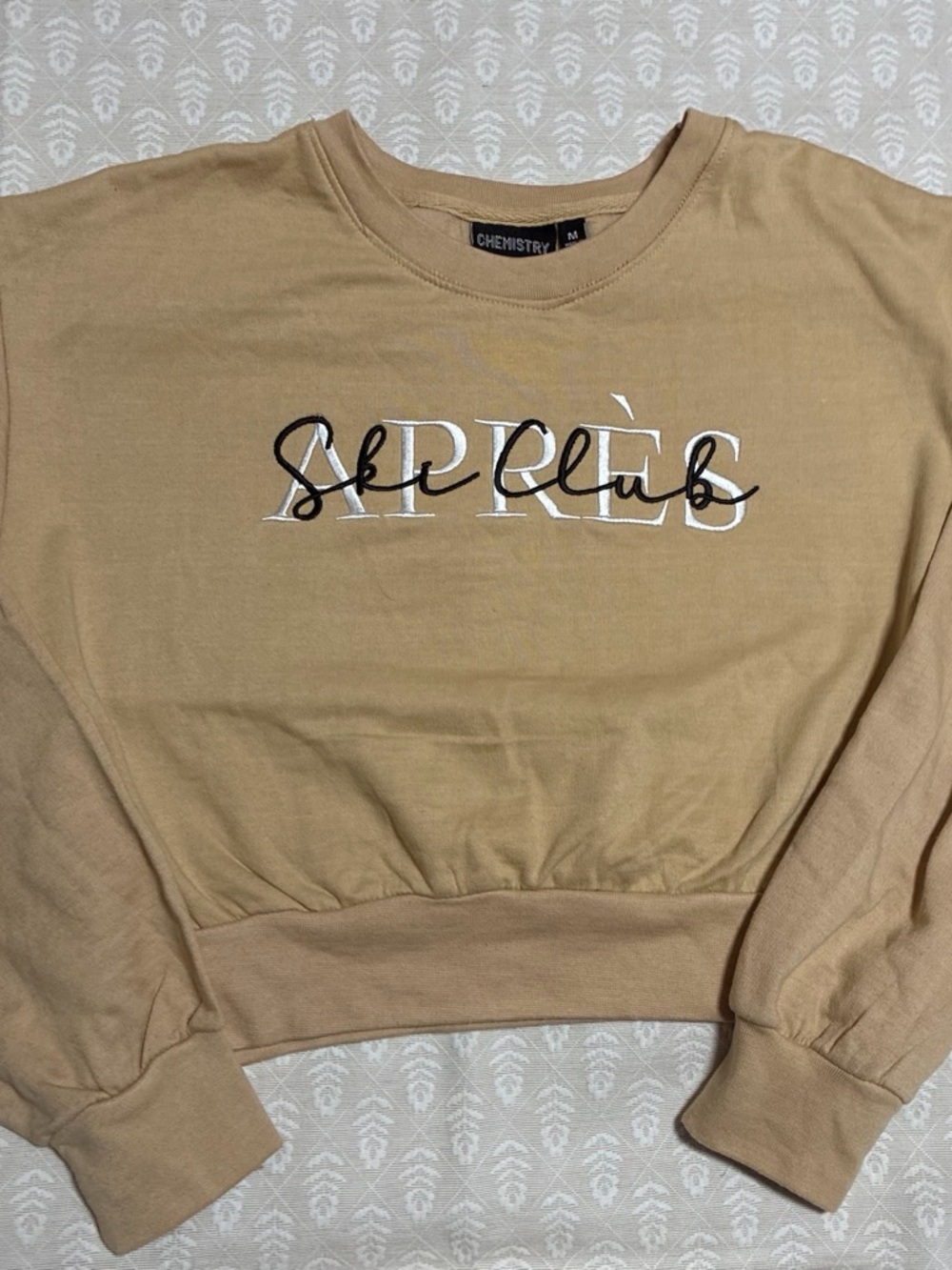 Chemistry Camel Cropped Crewneck Sweater with Embroidered Logo